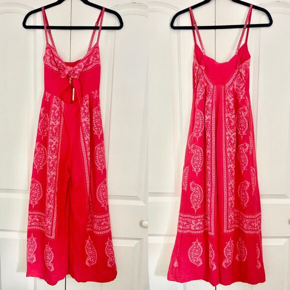 Free People Feel The Sun Jumpsuit Red Paisley Linen Wide Leg Size 0 Orig. $148 - Picture 2 of 10